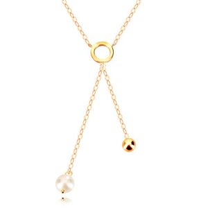 Zlatý 9K náhrdelník - krúžok, zrkadlovolesklá guľôčka a perlička na retiazke