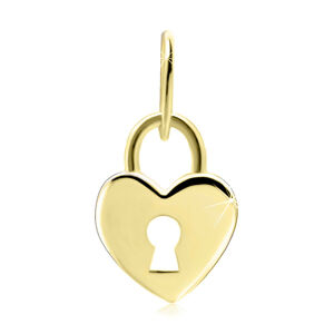 Zlatý 9K prívesok v žltom prevedení - zámok s obrysom srdca a výrezom v tvare kľúčovej dierky