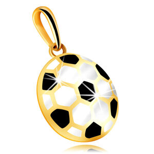 Zlatý 9K prívesok - vypuklá futbalová lopta s čiernou a bielou glazúrou, dutá zadná strana