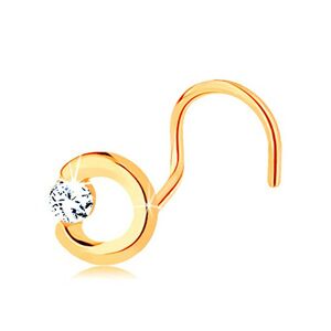 Zlatý piercing do nosa 585 - neúplný obrys kruhu s čírym zirkónom, zahnutý