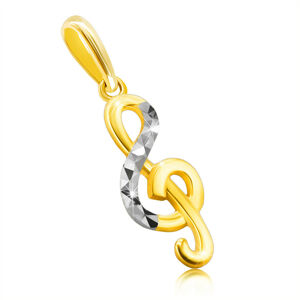 Zlatý prívesok z kombinovaného 9K zlata - husľový kľúč, pásik s trojuholníkovým rezom