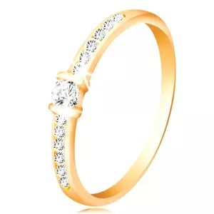 Zlatý prsteň 14K - číre trblietavé ramená, vyvýšený okrúhly zirkón čírej farby - Veľkosť: 48 mm