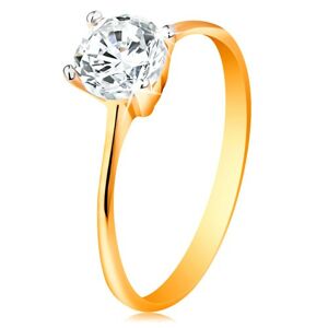 Zlatý prsteň 14K - zúžené ramená, žiarivý číry zirkón v lesklom kotlíku - Veľkosť: 54 mm