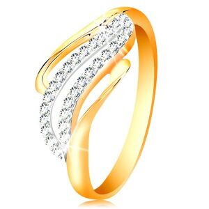 Zlatý prsteň 14K - zvlnené línie ramien, ligotavé číre zirkóniky - Veľkosť: 56 mm