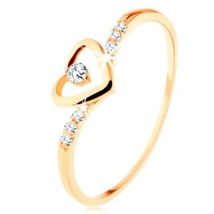 Zlatý prsteň 375, kontúra srdca s čírym zirkónikom, zdobené ramená - Veľkosť: 51 mm