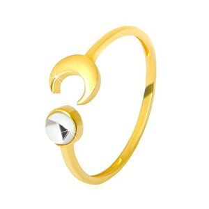 Zlatý prsteň 375 - lesklý polmesiac, číry zirkón v tvare kabošonu - Veľkosť: 56 mm