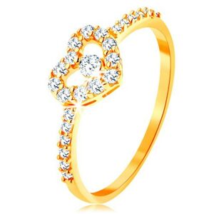 Zlatý prsteň 375 - zirkónové ramená, ligotavý číry obrys srdca so zirkónom - Veľkosť: 52 mm