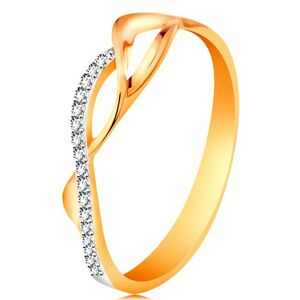 Zlatý prsteň 585 - asymetricky prepletené vlnky - dve hladké a jedna zirkónová - Veľkosť: 54 mm