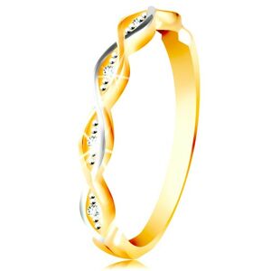 Zlatý prsteň 585 - dve tenké prepletené vlnky z bieleho a žltého zlata, zirkóny - Veľkosť: 56 mm