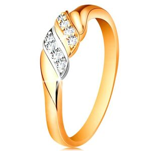 Zlatý prsteň 585 - dve vlnky z bieleho a žltého zlata, trblietavé číre zirkóny - Veľkosť: 58 mm