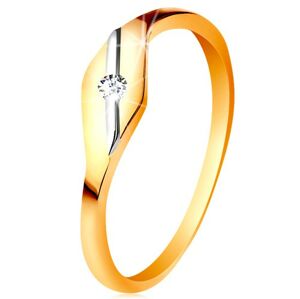Zlatý prsteň 585 - lesklé zrnko, šikmá línia z bieleho zlata a číry zirkónik - Veľkosť: 49 mm