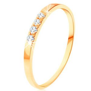 Zlatý prsteň 585 - línia štyroch čírych briliantov, tenké lesklé ramená - Veľkosť: 55 mm