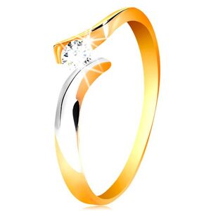 Zlatý prsteň 585 - okrúhly číry zirkón, dvojfarebné a zvlnené ramená - Veľkosť: 58 mm