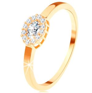 Zlatý prsteň 585 - oválny číry zirkón lemovaný okrúhlymi zirkónikmi - Veľkosť: 60 mm