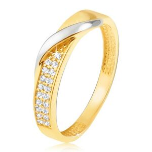 Zlatý prsteň 585 - pás drobných čírych zirkónov, zvlnená línia v bielom zlate - Veľkosť: 52 mm