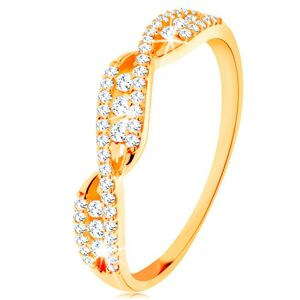 Zlatý prsteň 585 - prepletené zvlnené ramená, okrúhle číre zirkóny - Veľkosť: 54 mm