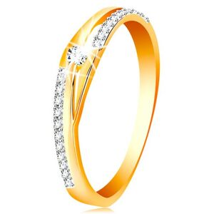 Zlatý prsteň 585 - rozdelené línie ramien, trblietavé pásy a číry zirkón - Veľkosť: 55 mm