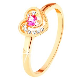Zlatý prsteň 585 - ružové zirkónové srdiečko v dvojitom obryse - Veľkosť: 57 mm