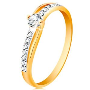Zlatý prsteň 585 s rozdelenými dvojfarebnými ramenami, číre zirkóny - Veľkosť: 50 mm