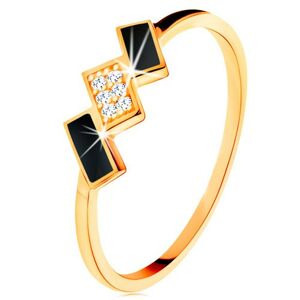 Zlatý prsteň 585 - šikmé obdĺžniky zdobené čiernou glazúrou a zirkónmi - Veľkosť: 57 mm