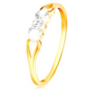 Zlatý prsteň 585 - srdiečka z bieleho zlata, výrezy a číry zirkón uprostred - Veľkosť: 58 mm