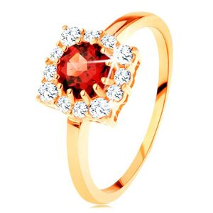 Zlatý prsteň 585 - štvorcový zirkónový obrys, okrúhly červený granát - Veľkosť: 59 mm
