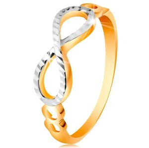 Zlatý prsteň 585 - symbol nekonečna zdobený bielym zlatom a zárezmi - Veľkosť: 56 mm