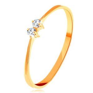 Zlatý prsteň 585 - tenké lesklé ramená, dva žiarivé zirkóniky čírej farby - Veľkosť: 65 mm