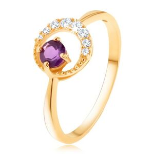 Zlatý prsteň 585 - tenký zirkónový polmesiac, ametyst vo fialovom odtieni - Veľkosť: 57 mm