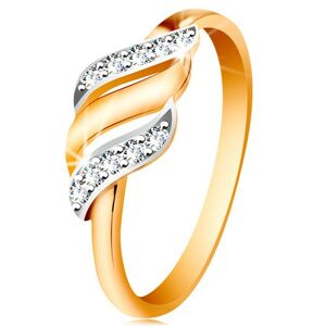 Zlatý prsteň 585 - tri vlnky z bieleho a žltého zlata, trblietavé číre zirkóny - Veľkosť: 60 mm