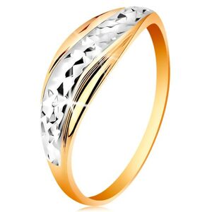 Zlatý prsteň 585 - vlnky z bieleho a žltého zlata, ligotavý brúsený povrch - Veľkosť: 51 mm