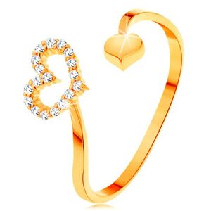 Zlatý prsteň 585 - zvlnené ramená ukončené obrysom srdca a plným srdiečkom - Veľkosť: 65 mm
