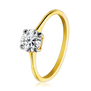 Zlatý prsteň v kombinovanom 14K zlate - tenké ramená, brúsený výrazný zirkón vo vyvýšenom kotlíku - Veľkosť: 54 mm
