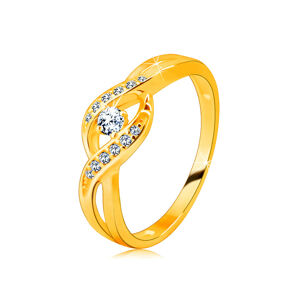Zlatý prsteň zo 14K zlata - tenké prepletené ramená so zirkónikmi, okrúhly ligotavý zirkón  - Veľkosť: 56 mm
